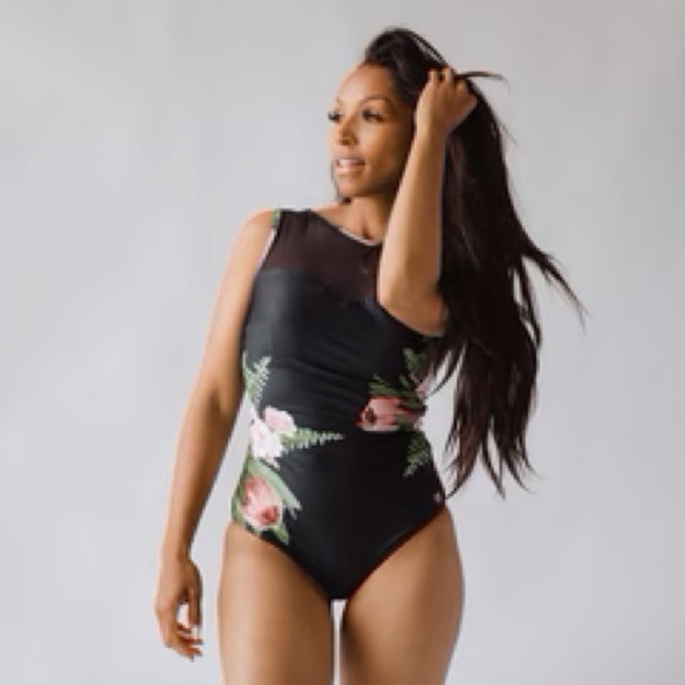 Floral Mesh One-Piece Swimsuit - Black with Pink Floral